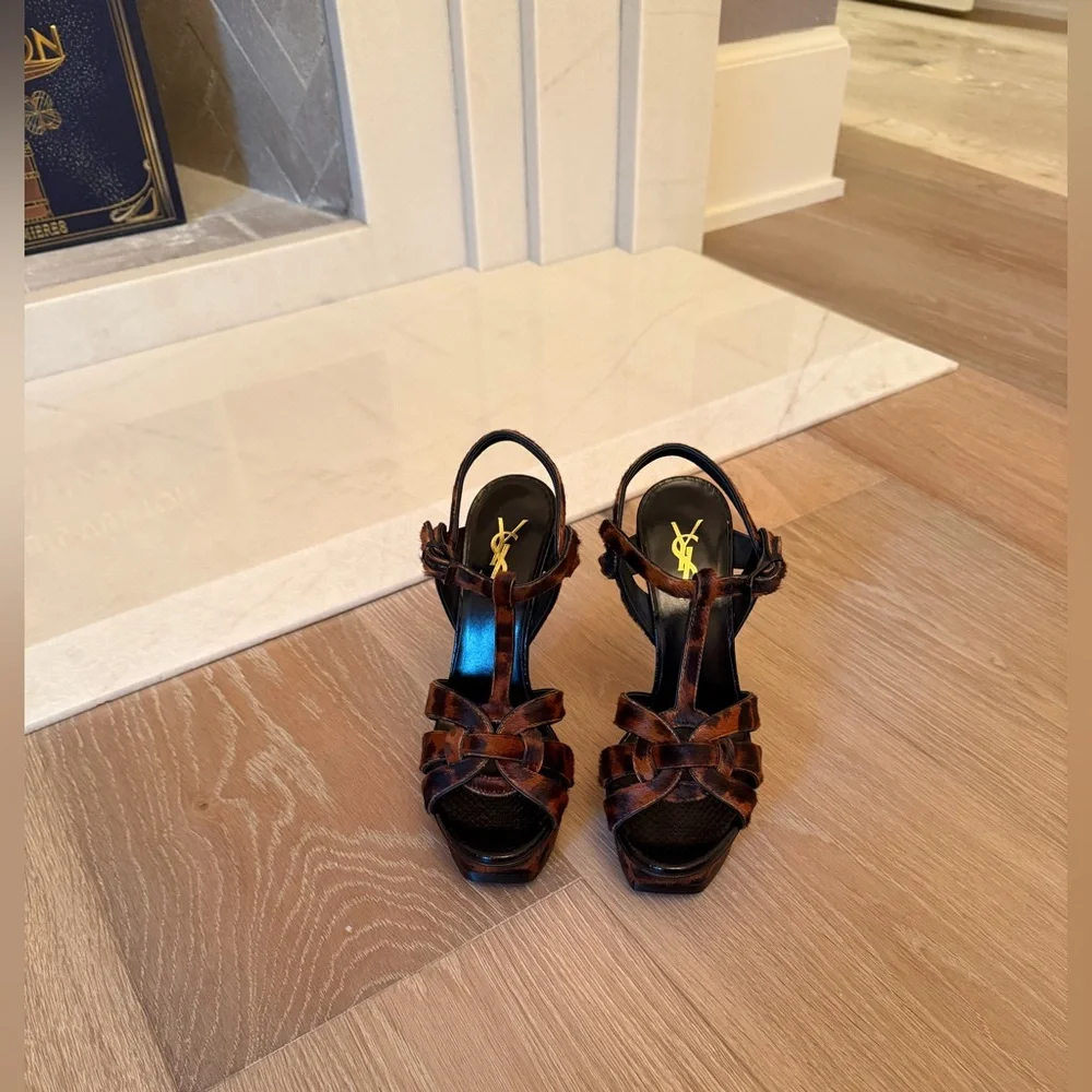 Saint Laurent Calf hair animal Print T strap High Heel Sandals 37.5 ✨ NEW - Picture 2 of 10